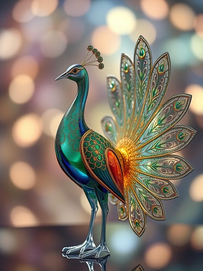 Majestic Glass Peacock with Iridescent Tail Feathers