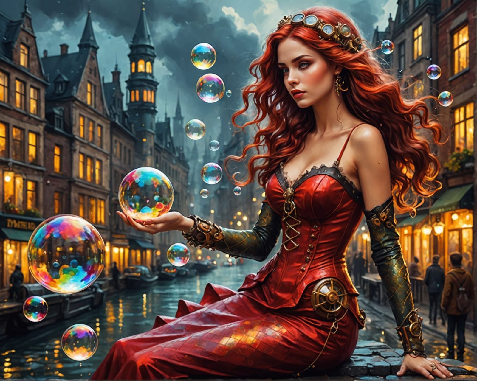 Steampunk Mermaid Blowing Bubbles in Oil Painting Style