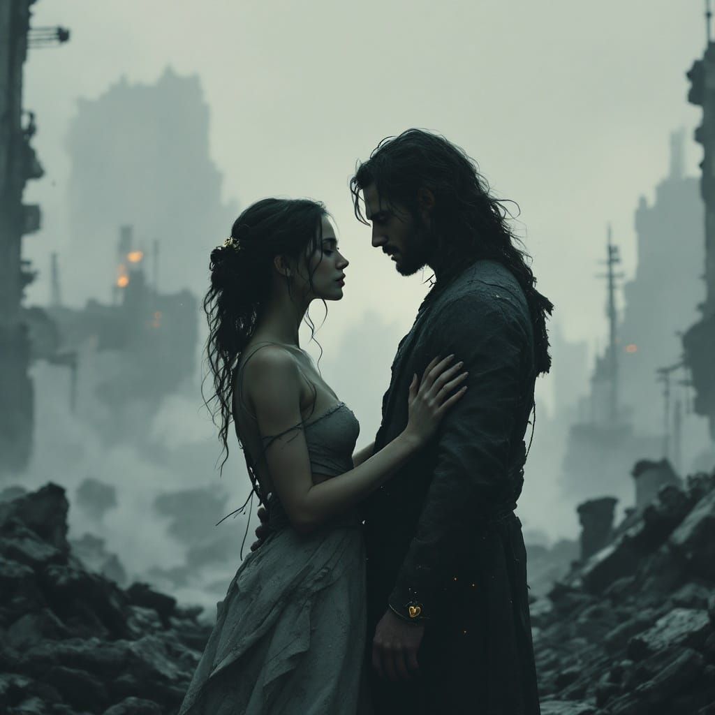 Post-Apocalyptic Cityscape with Loving Figures in Soft Light