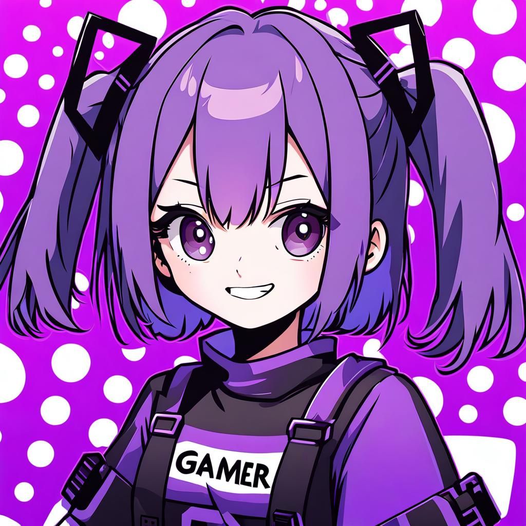 Cute Teenager Girl with Purple Hair and Gamer Outfit