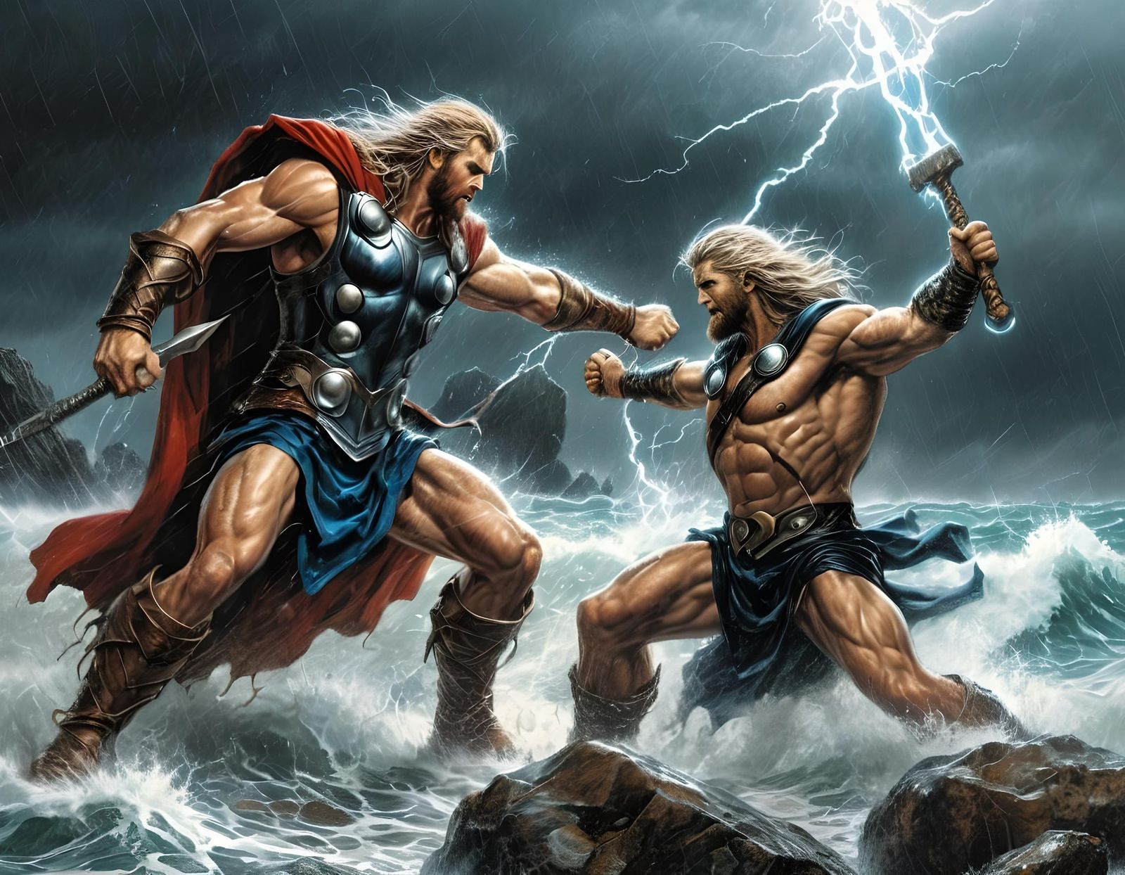 Poseidon vs Thor: Stormy Beach Battle in Dark Fantasy Style