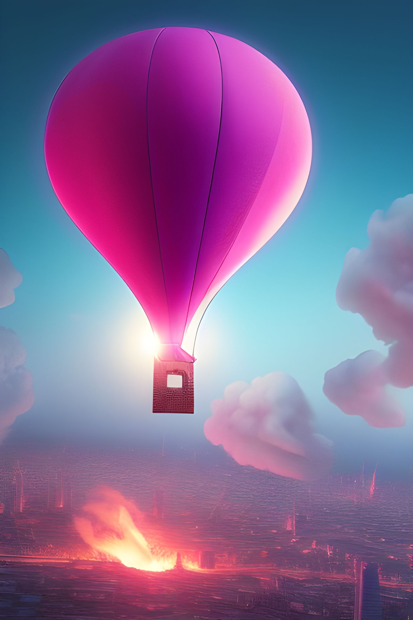 Neon Hot Air Balloon over Ruined City