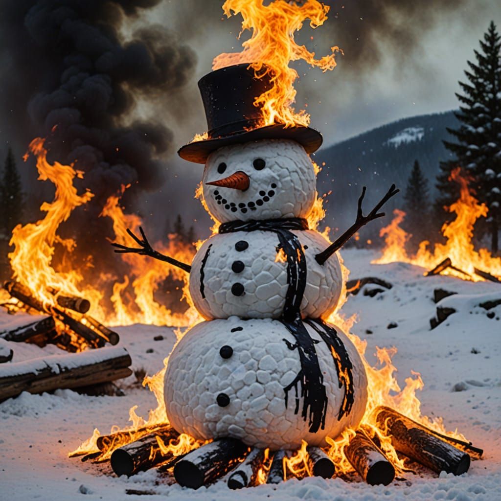 Fiery Blaze Snowman Ignites Winter Landscape