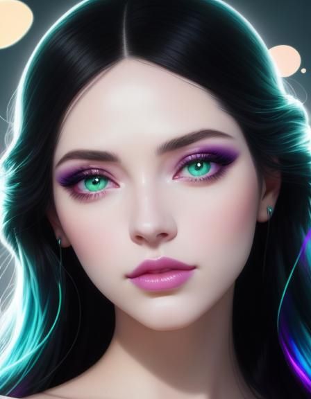 Beautiful young lady with long wavy black hair and green eyes with purple eyeshadow with blue eyeshadow and black eyelin...