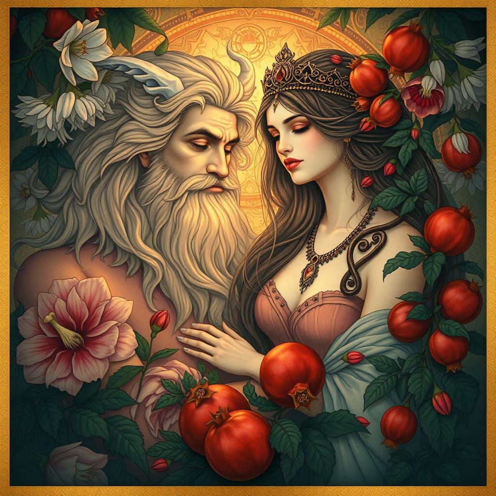 Ethereal Art Nouveau Portrait of Hades and Persephone in the...