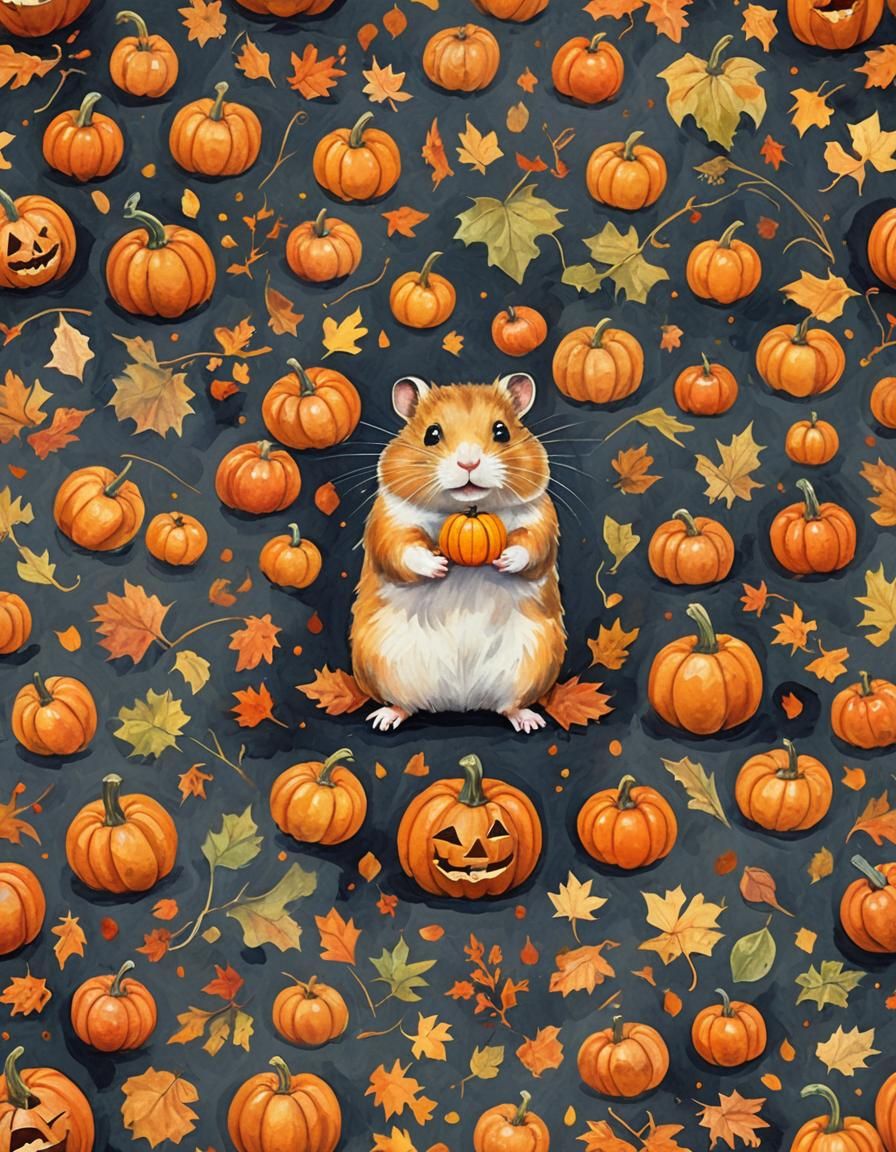 Hamster and Jack-o'-Lantern in Gouache Style