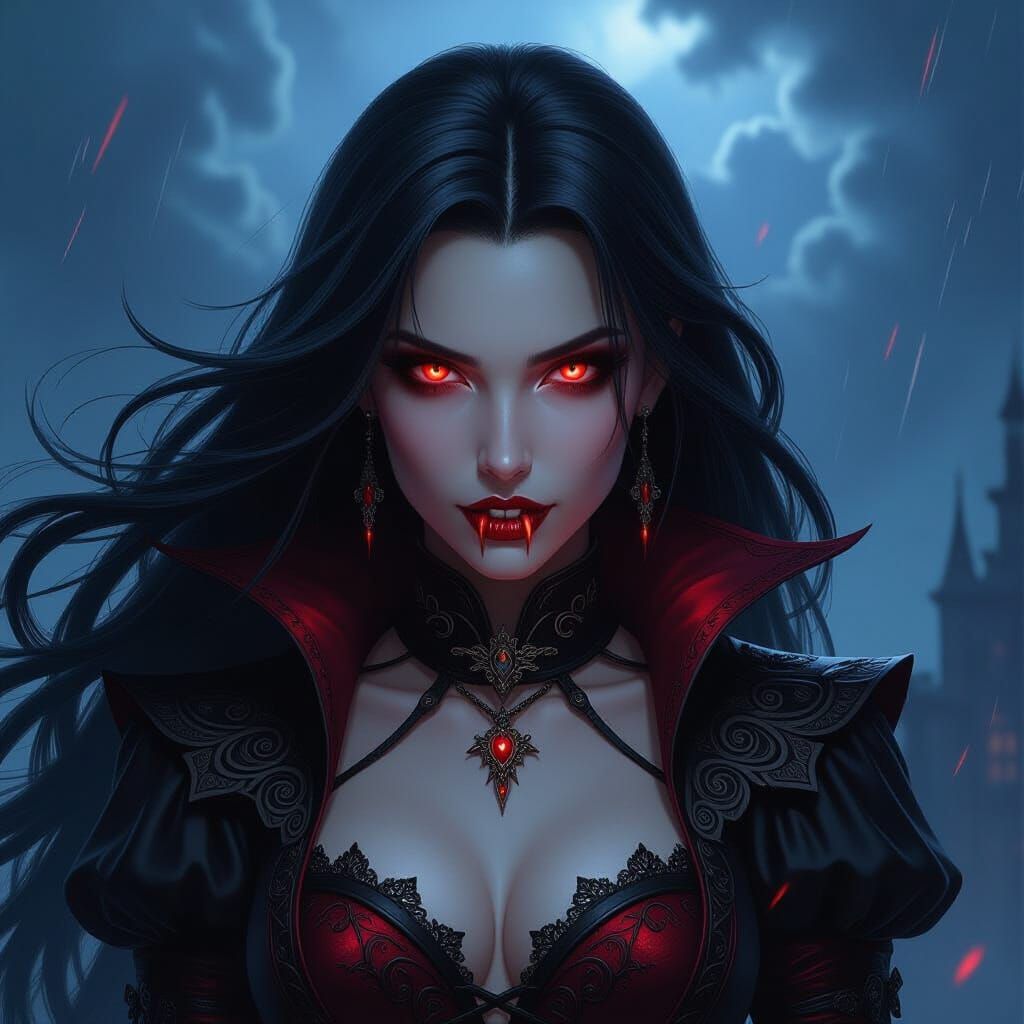 Fantasy Vampiress in Stormy Night Sky