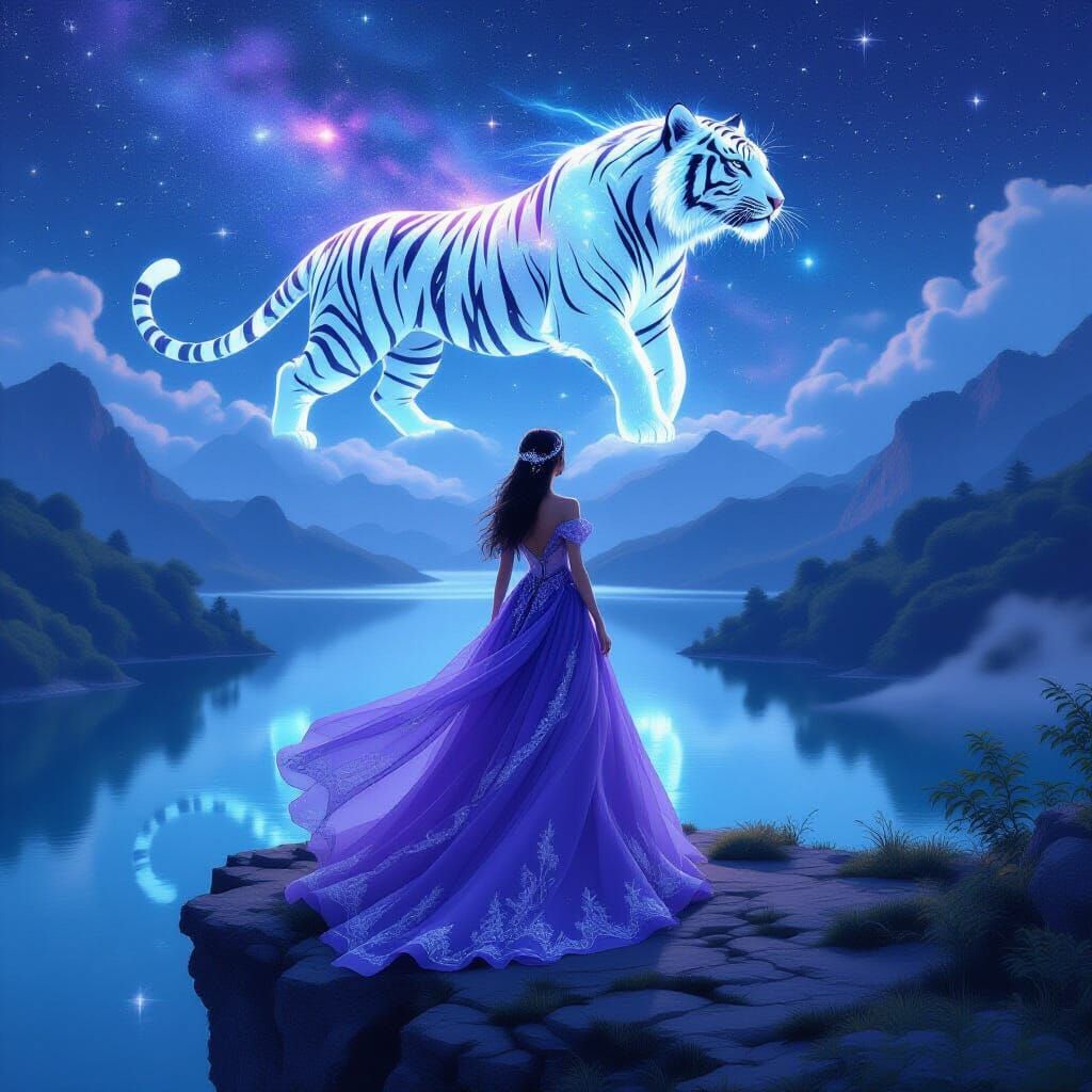 Girl and Stardust Tiger on Cliff Overlooking Lake
