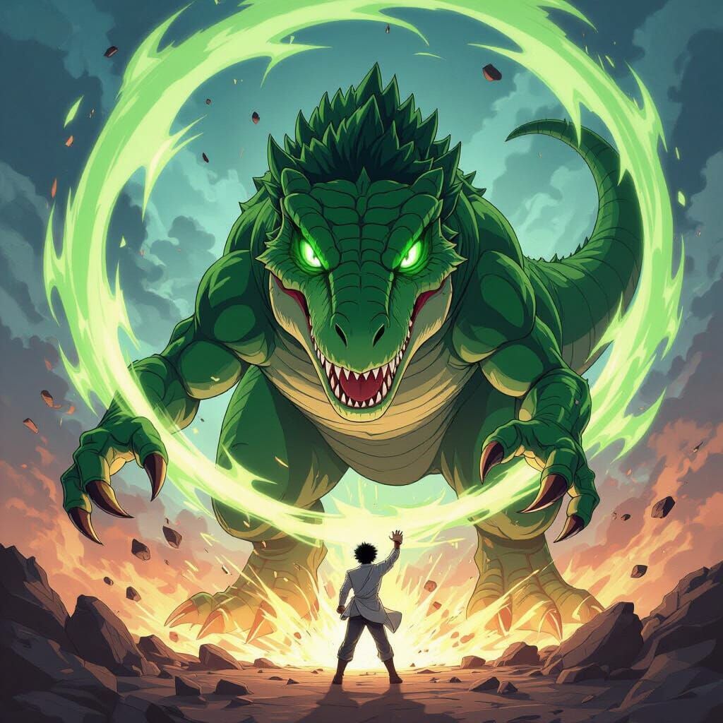 Green T-Rex Domain Expansion in Anime Style