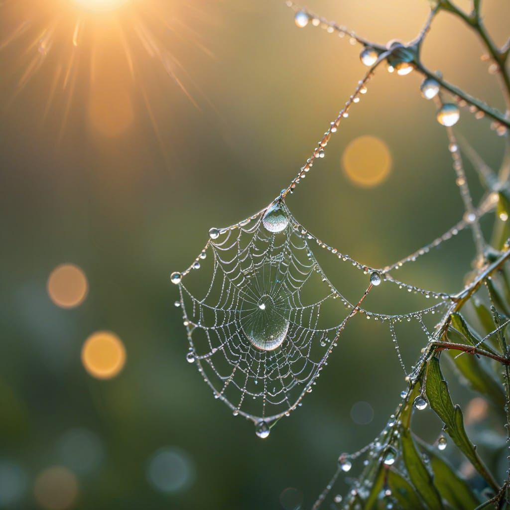 Dewdrop on Spiderweb Reflecting Sunrise Macro Photo