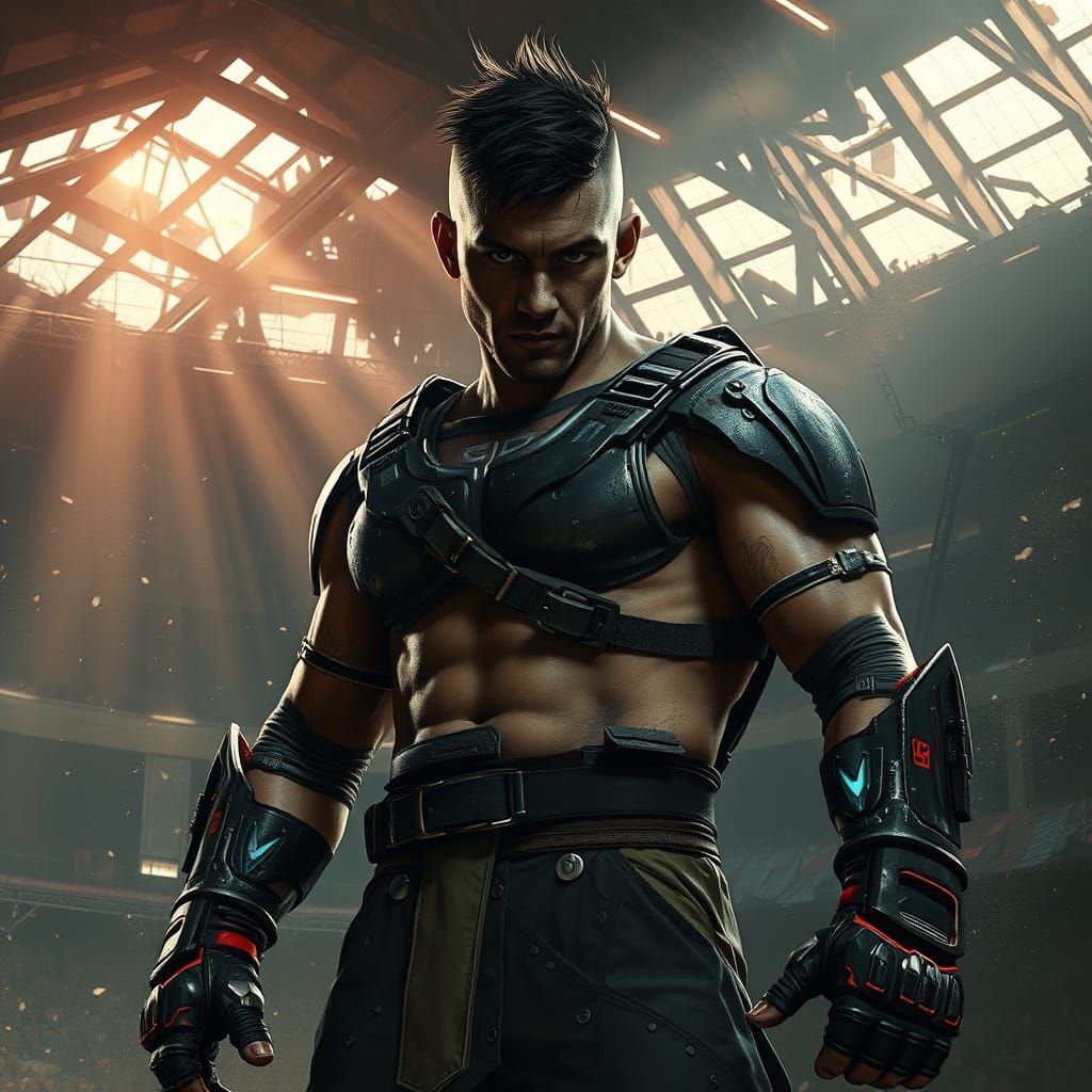 Cyberpunk MMA Fighter in Ruined Arena