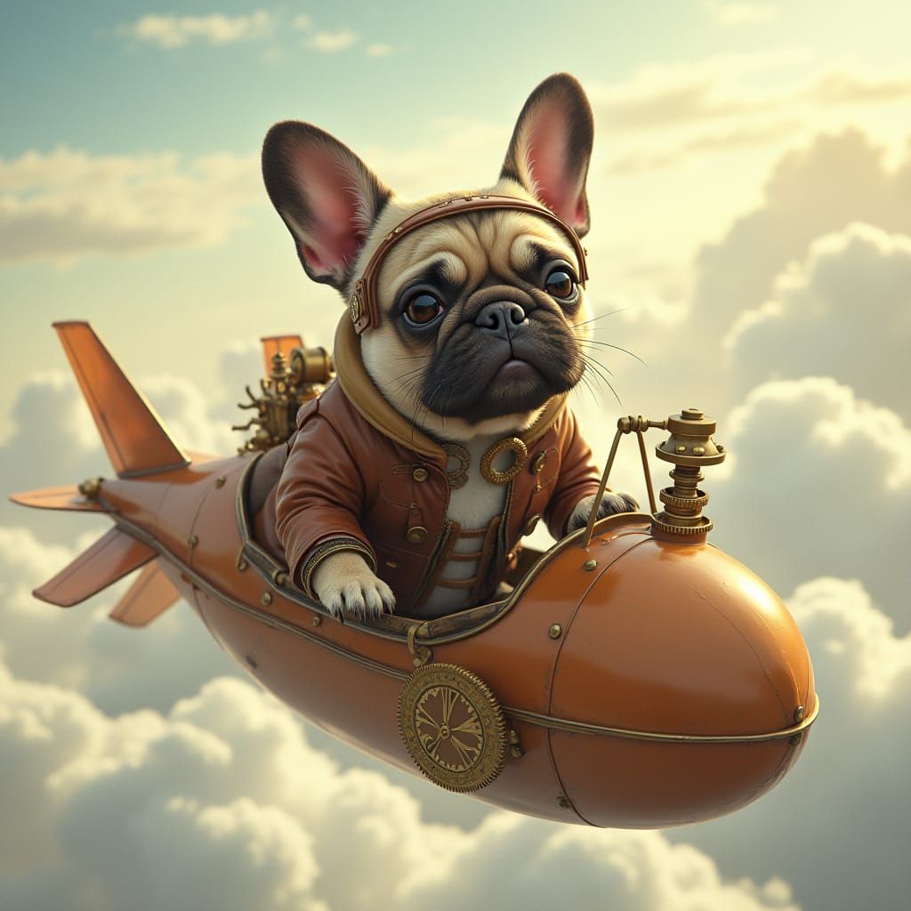 Steampunk Pug Aviator in Zeppelin