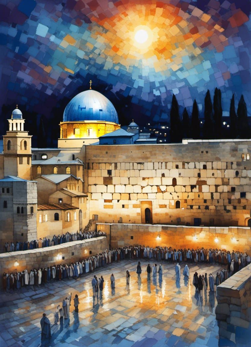 Kotel at Night in Blue Watercolor Style