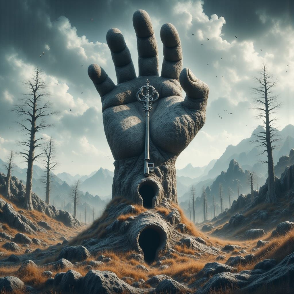 Surreal Stone Hand Holds Key Above Landscape