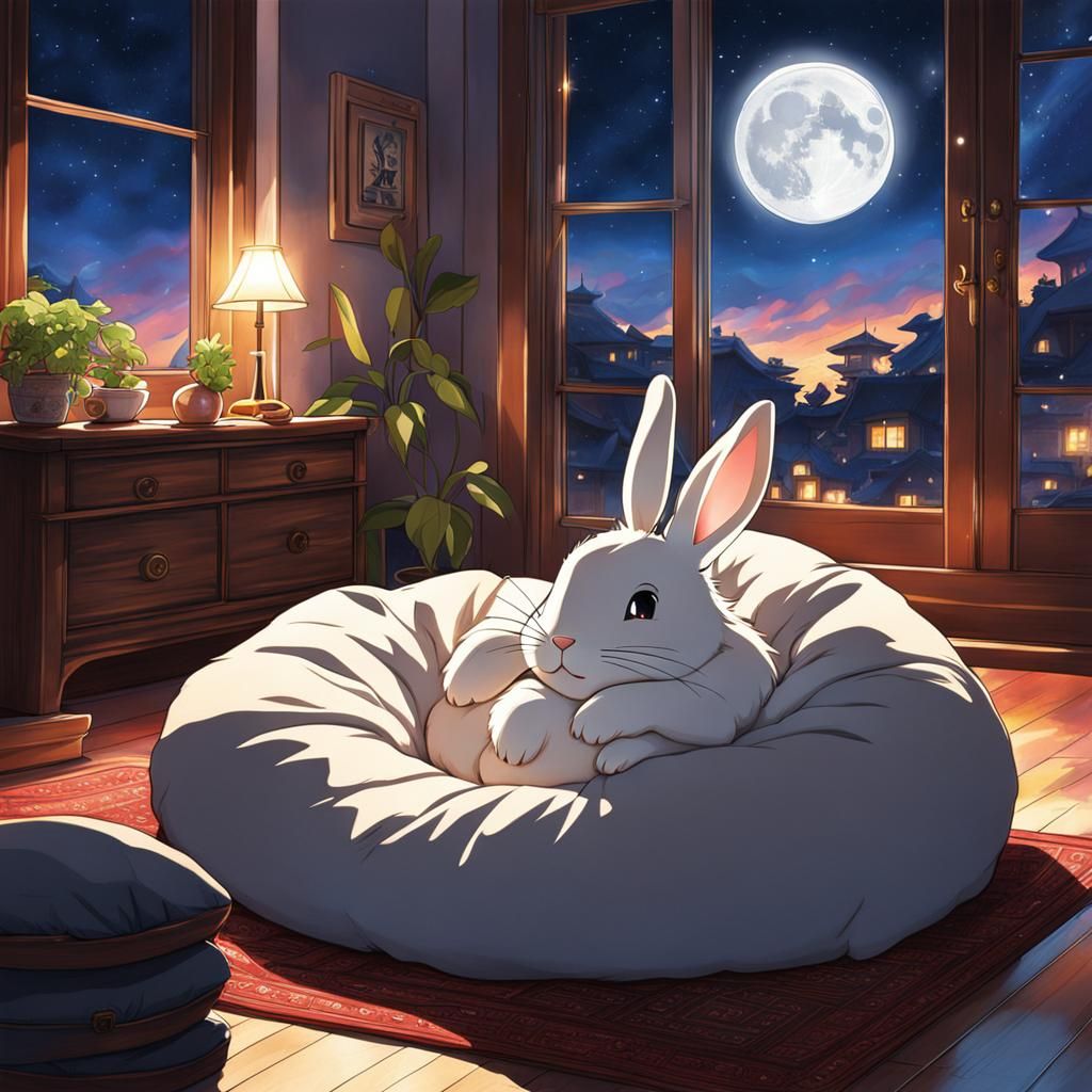 Cozy Rabbit in Anime Style, Moonlit Living Room