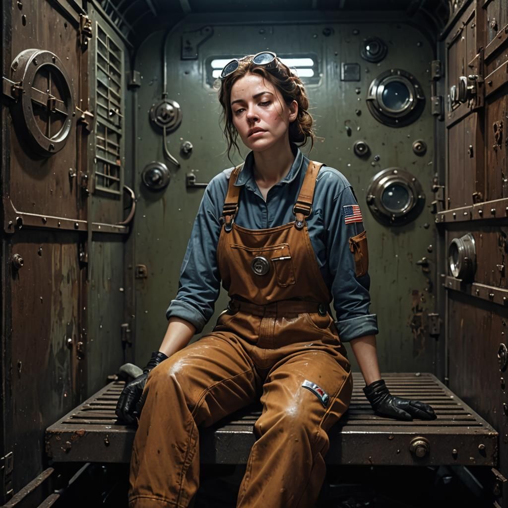 Exhausted Worker Sleeping on Space Freighter, Detailed Digit...