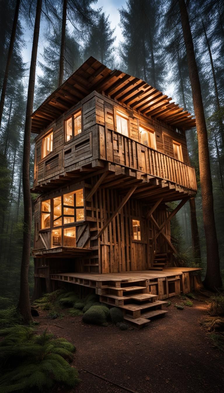 Whimsical Pallet House in Dramatic Forest Lighting
