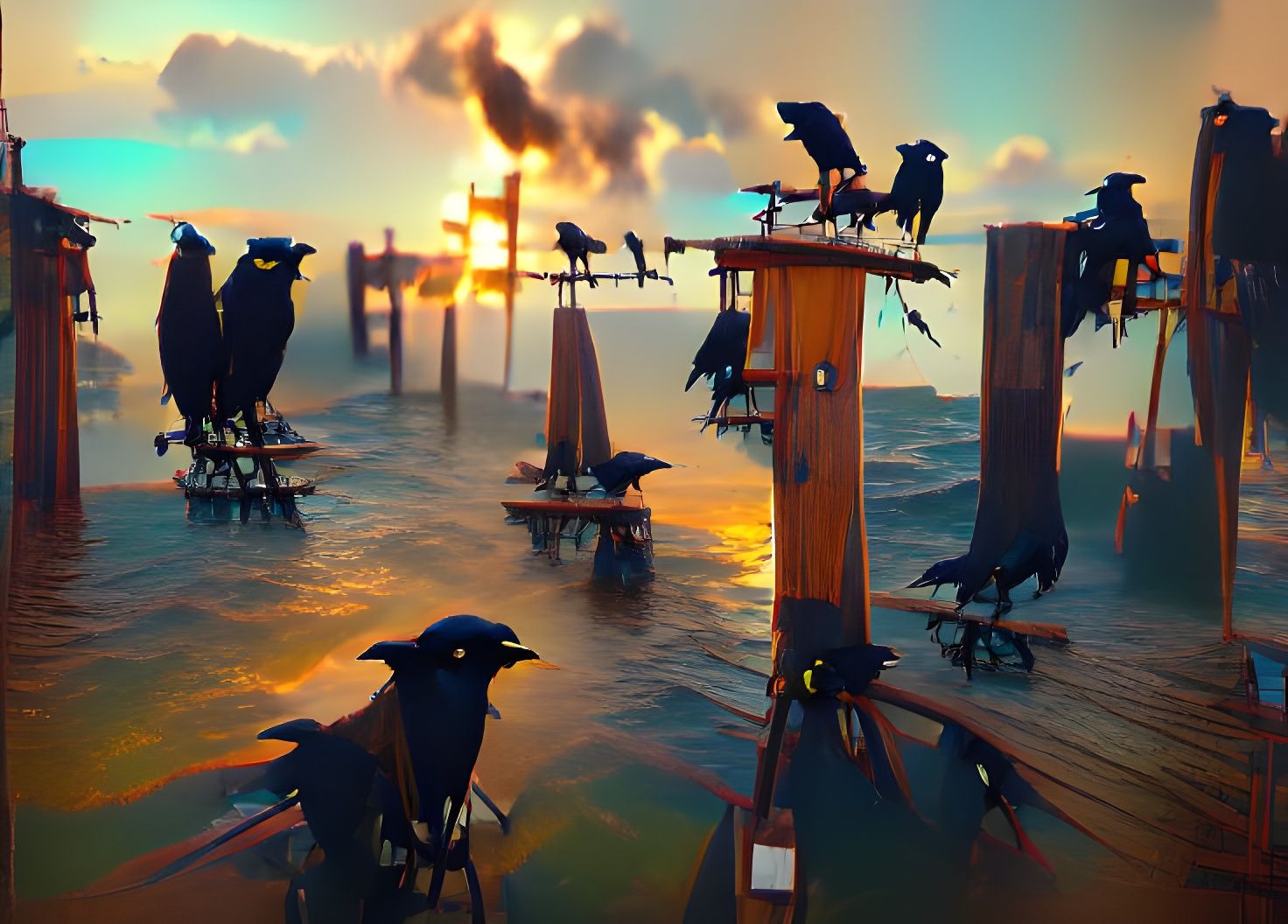 Ravens on Stilts at Sunset: Volumetric Lighting