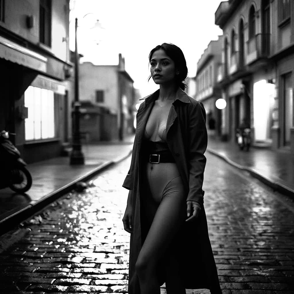 Noir Mystery Woman on Cobblestone Street at Dusk