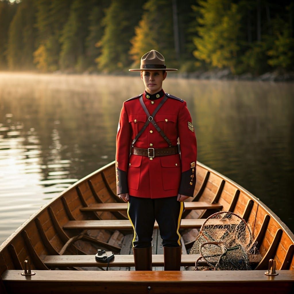 Canadian Mountie in Serene Lake Landscape