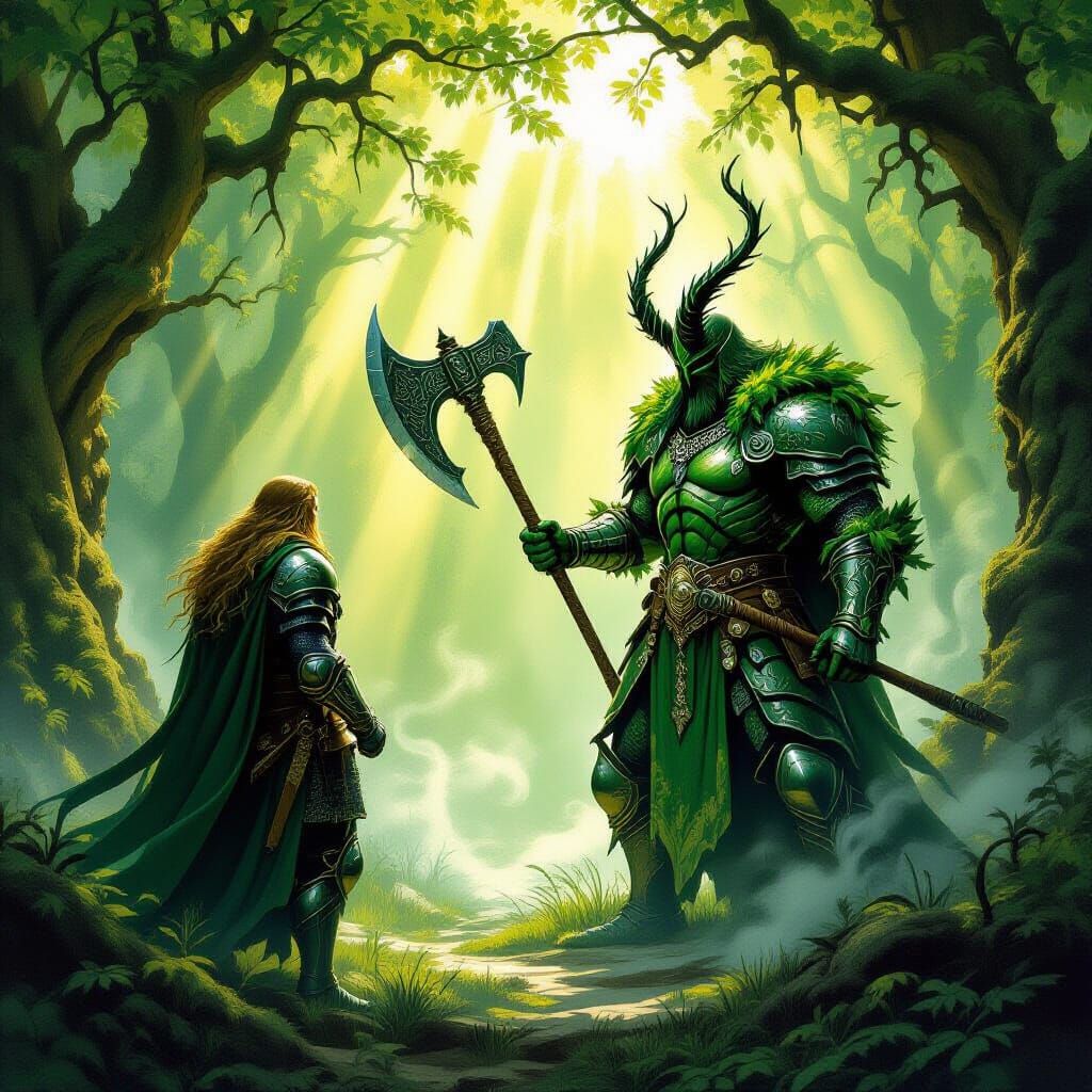 Sir Gawain Battles Green Knight in Epic Fantasy Art
