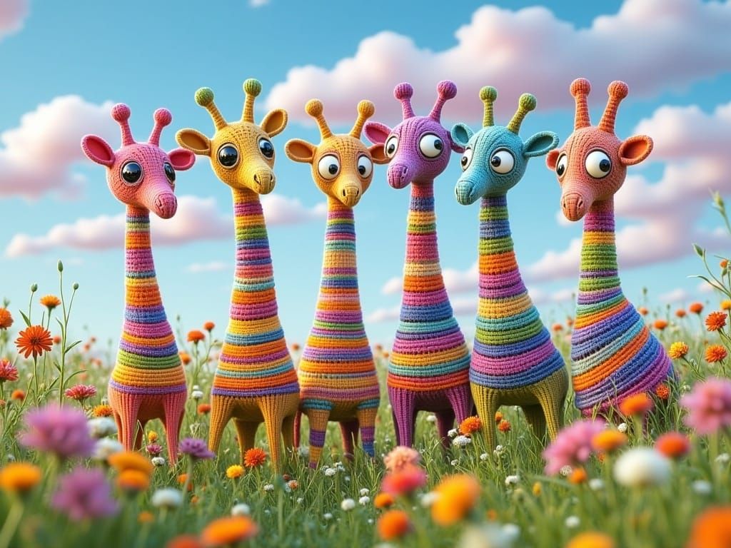 Colorful Knitted Giraffes in Dreamcore Meadow