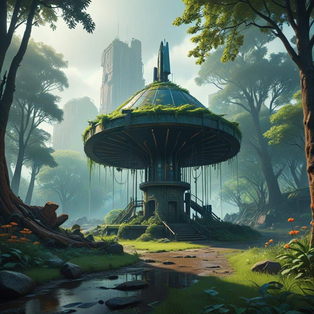 Dreamlike Abandoned City Park in Vibrant Hyper-Realism