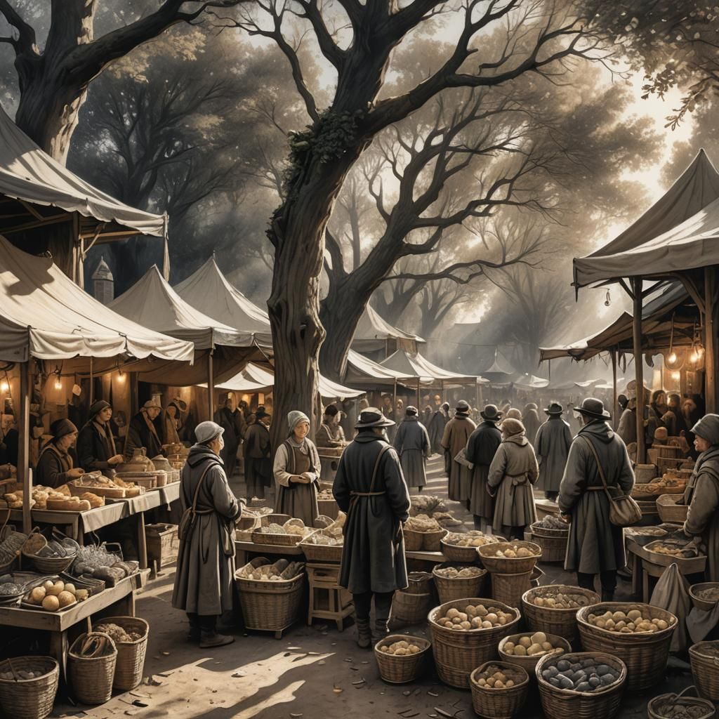 Fantasy Market in Field, Charcoal Drawing
