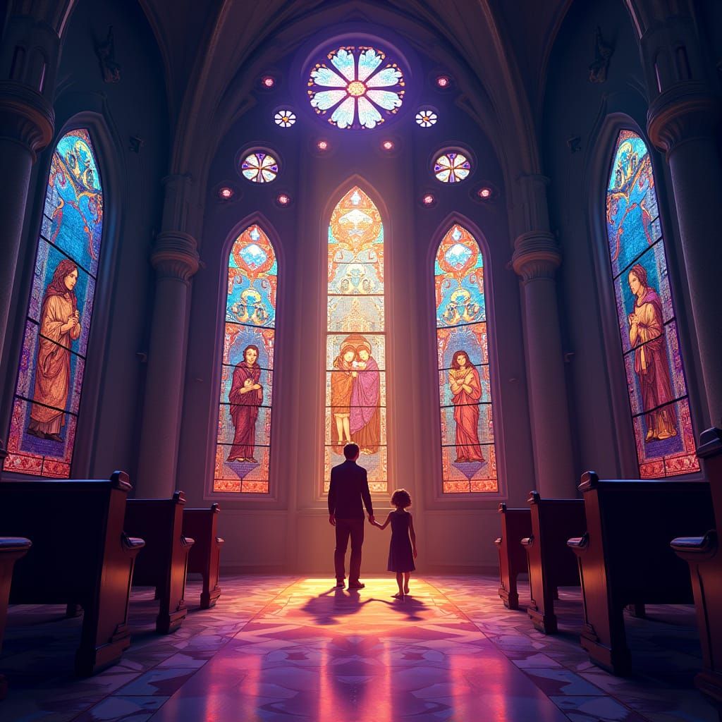 Awakening Figures in a Vibrant Synagogue, Stained-Glass Art