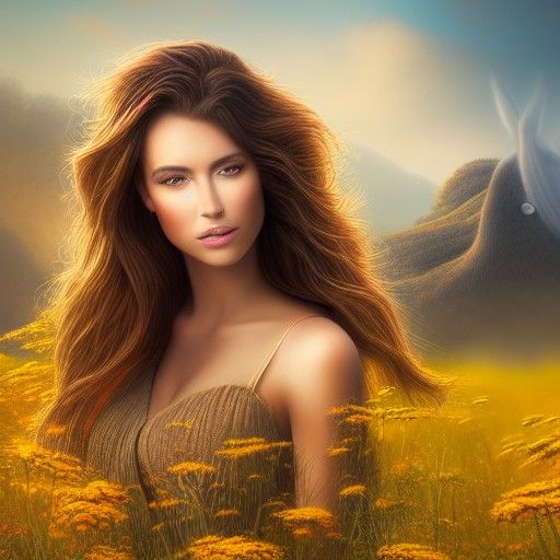 Woman and Big Cat in Golden Hour Landscape