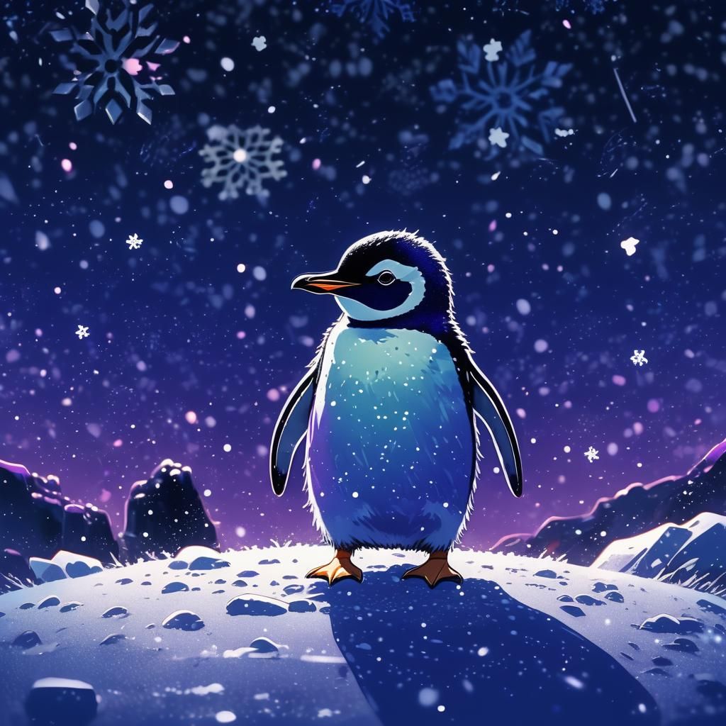 Little Penguin Under Starry Blue & Purple Sky