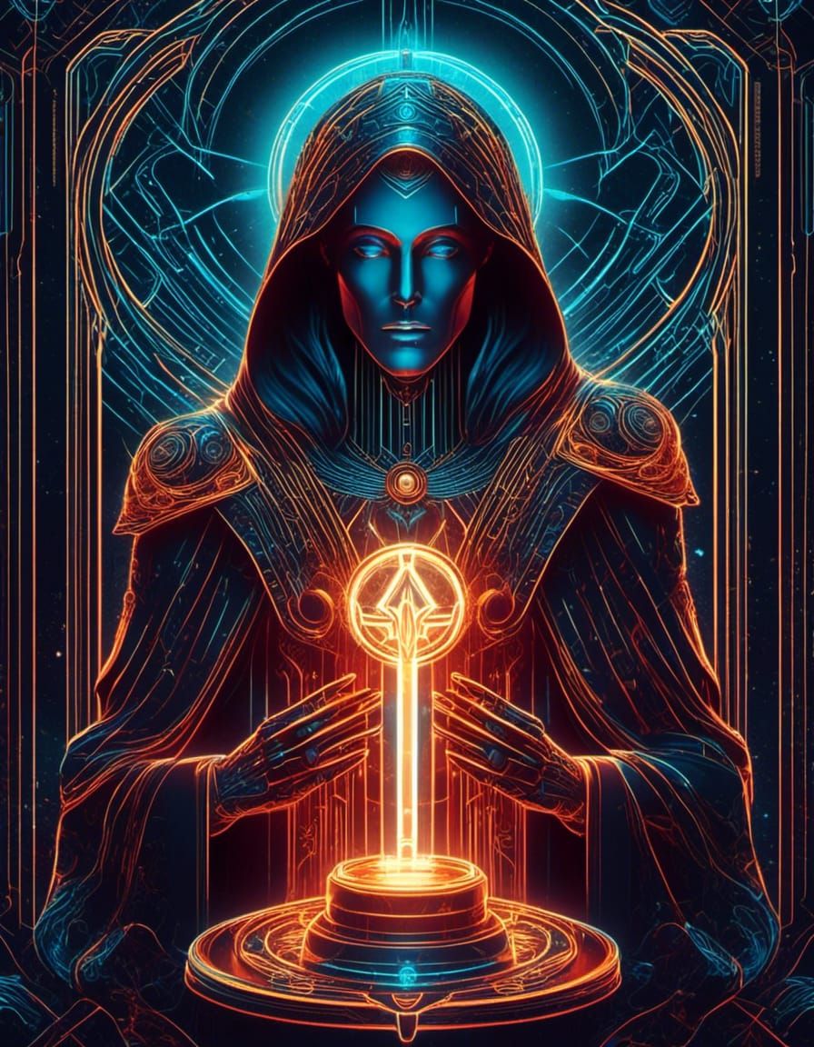 Front of a Tarot card, The Hierophant, TRON inspired, 8K resolution <lora:Trio:1.0>