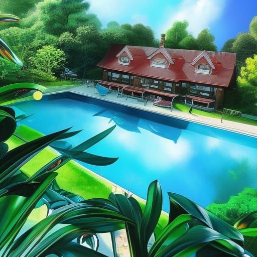 Anime Girl in a Sparkling Pool, Digital Art