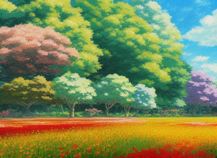Anime Flower Field in Studio Ghibli Style