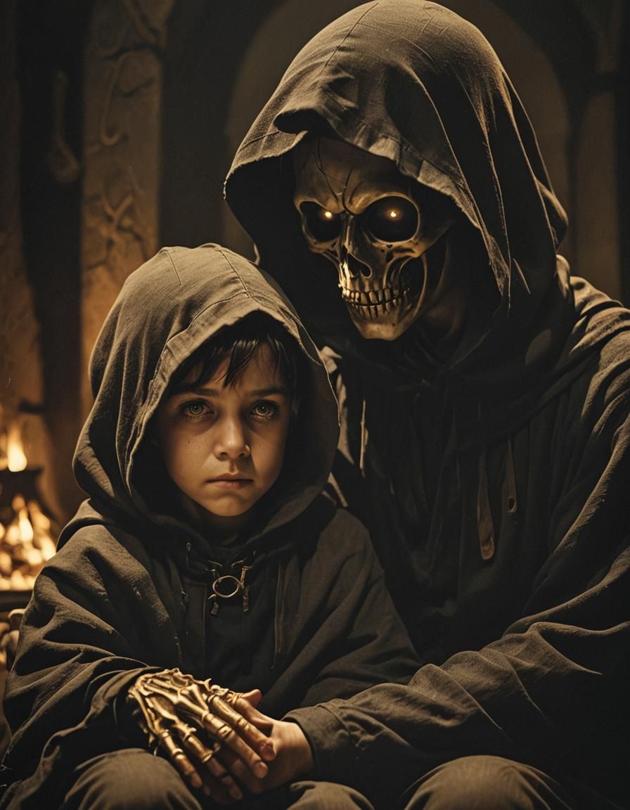 Boy and Grim Reaper in Golden Light
