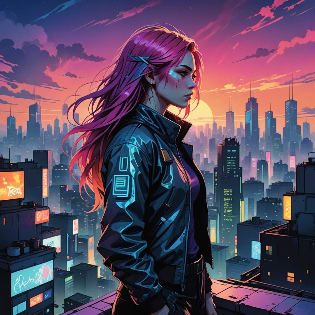 Cyberpunk Woman Overlooking Neon Metropolis at Dusk
