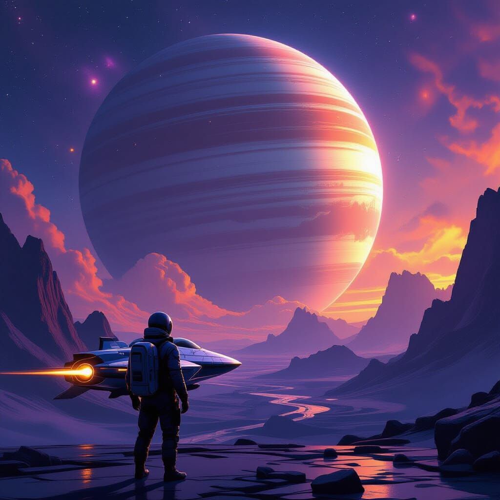 Explorer Gazing at Ringed Gas Giant in Digital Painting