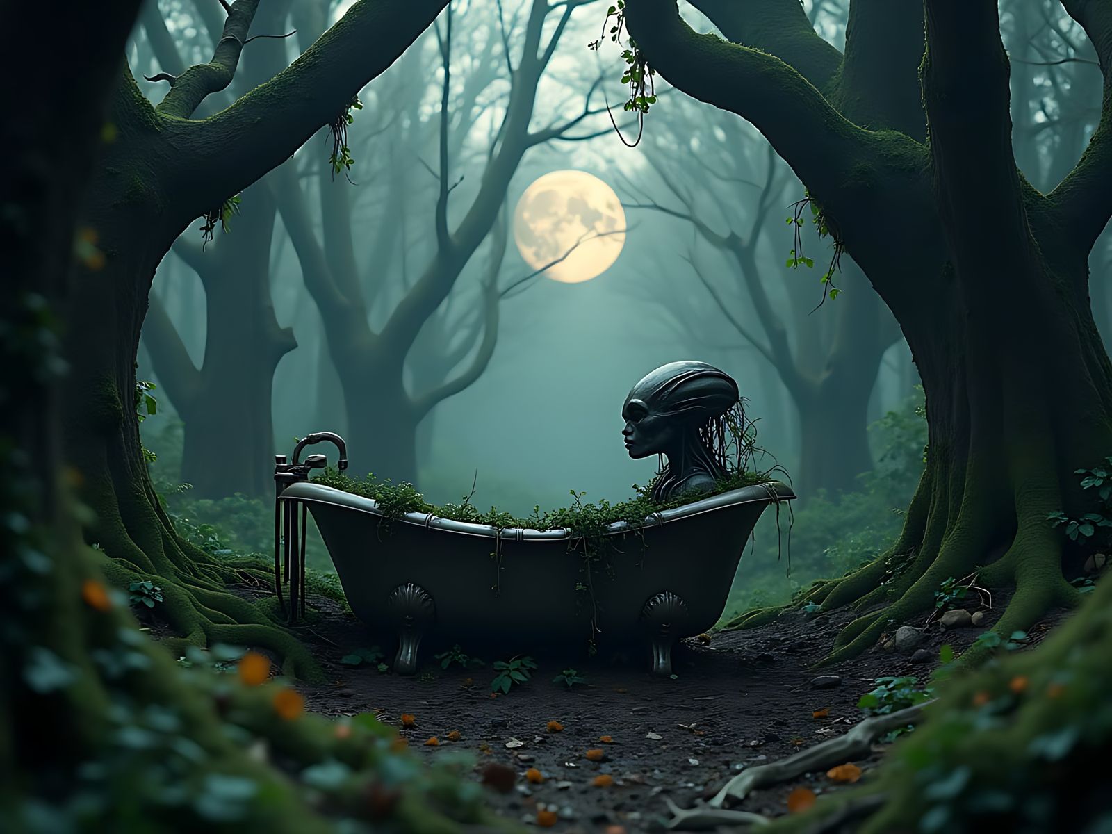 Baroque Bathtub in a Dark Forest Under the Full Moon