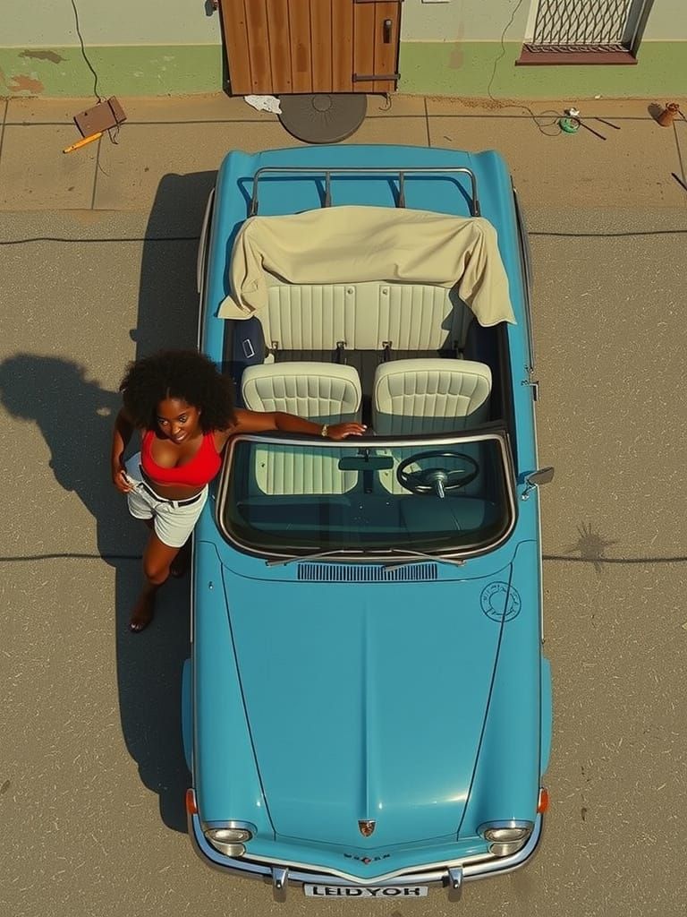 Black Woman in Red Top, White Shorts, Blue Car