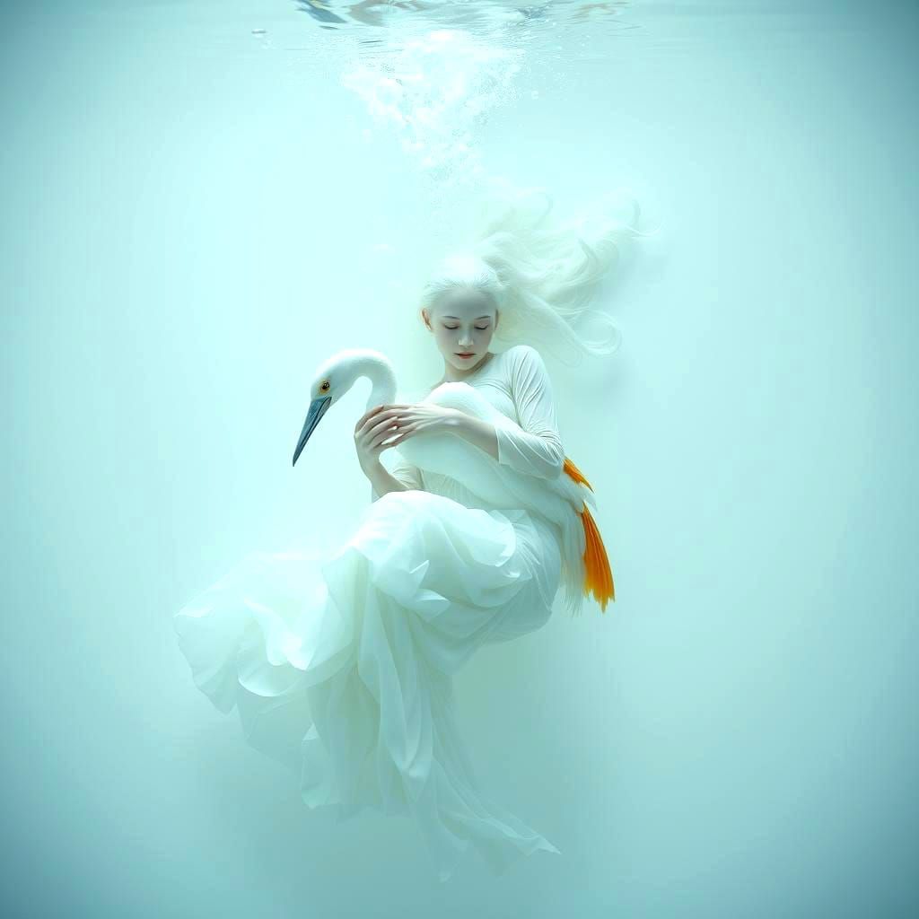 Ethereal Woman with Water Bird in Dreamy Scene