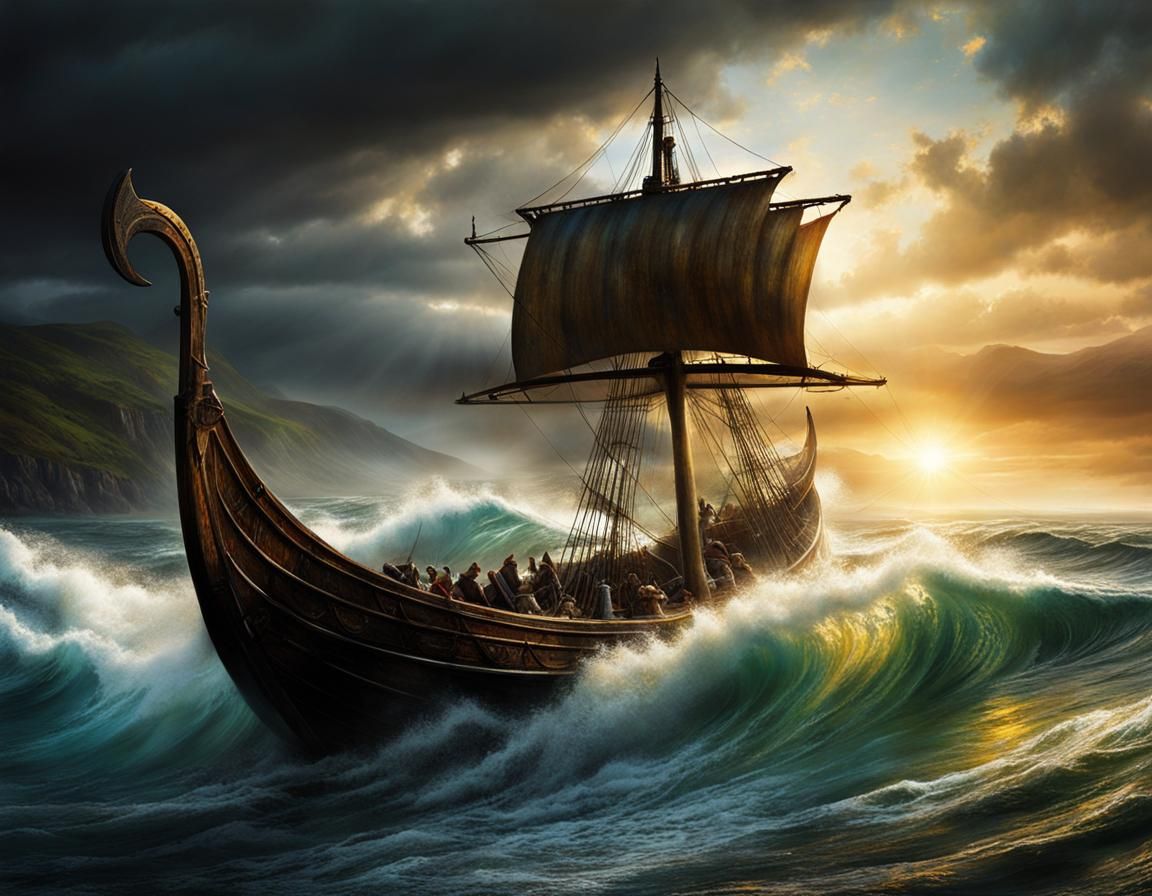 Viking Ship Entering the Fjord