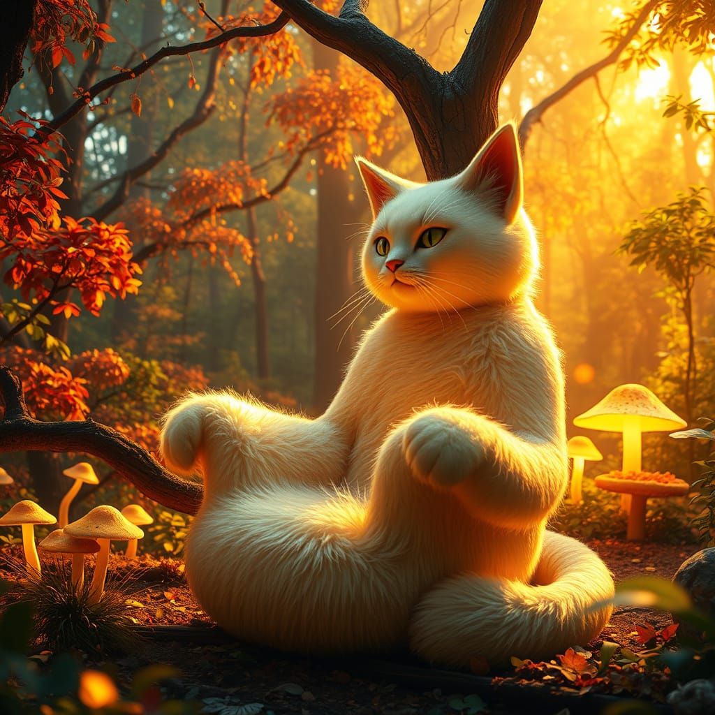 Surreal Forest Scene with Glowing Cat Armchair in Golden Lig...