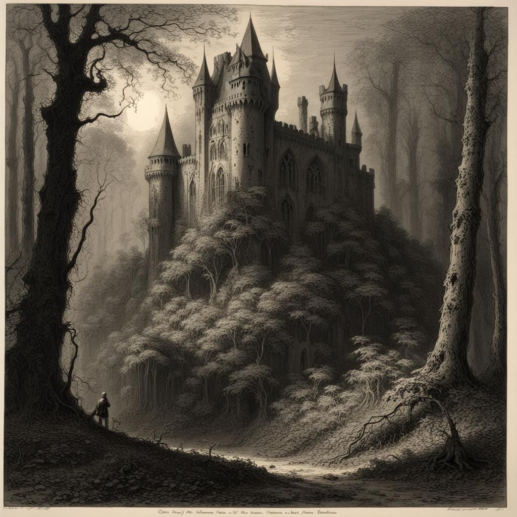 Gothic Castle in Evergreen Forest: Engraving