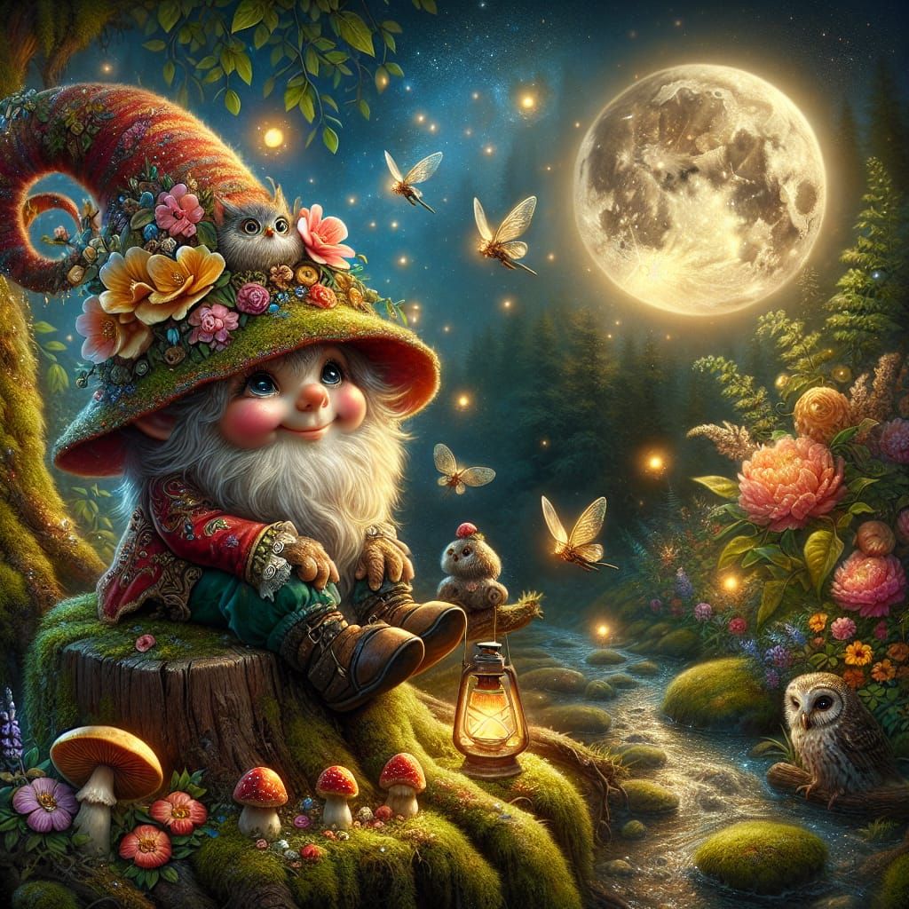 Whimsical Gnome Gazing at a Moonlit Forest
