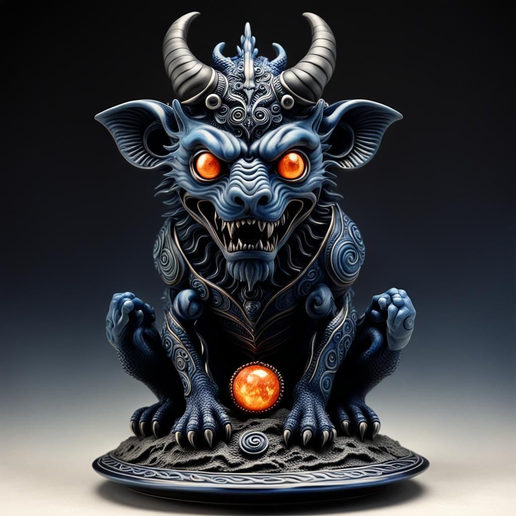 Sinister Demonic Chimera in Porcelain and Obsidian Style