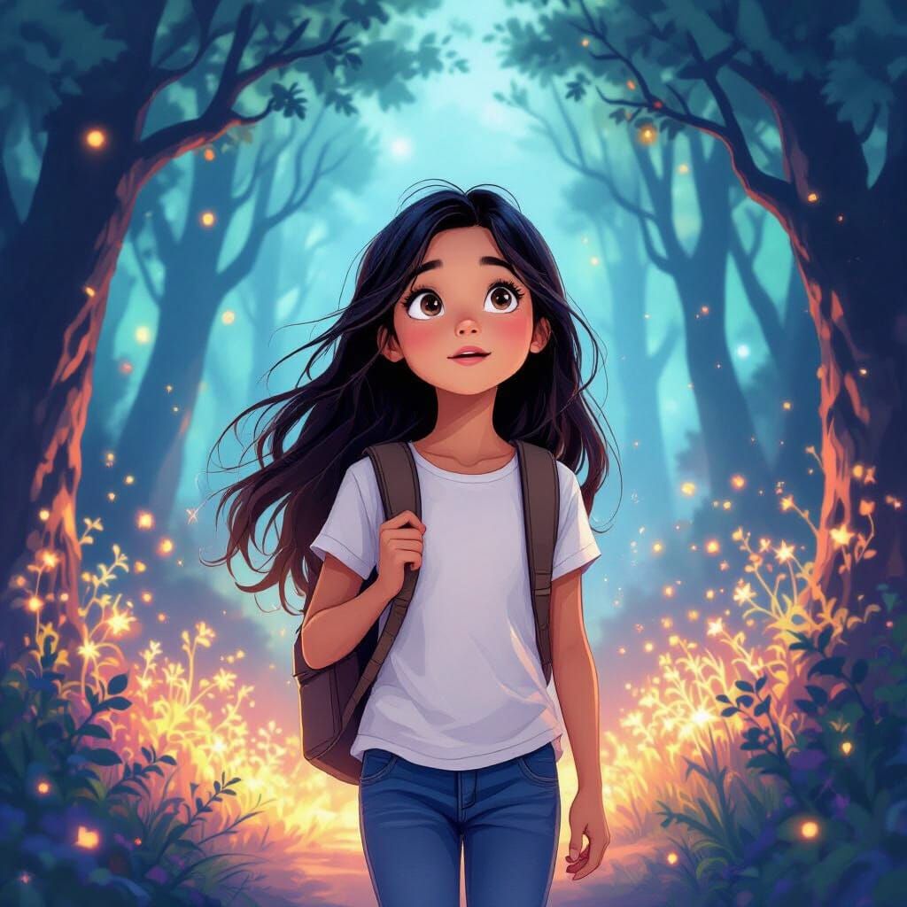 Girl's Wonder in Magical Glowing Forest
