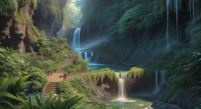 Jungle Path to Waterfall: Fantasy Concept Art