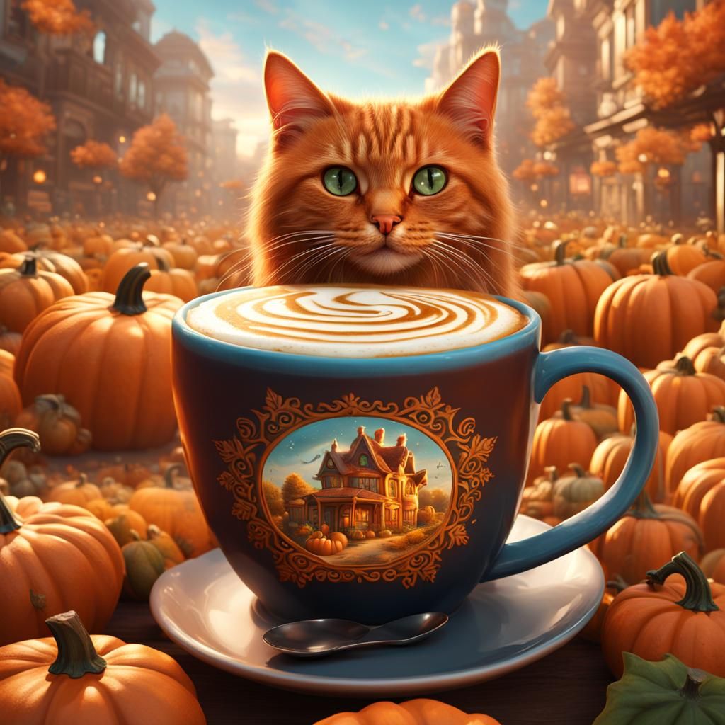 Cat in Pumpkin Spice Latte: Detailed Matte Painting