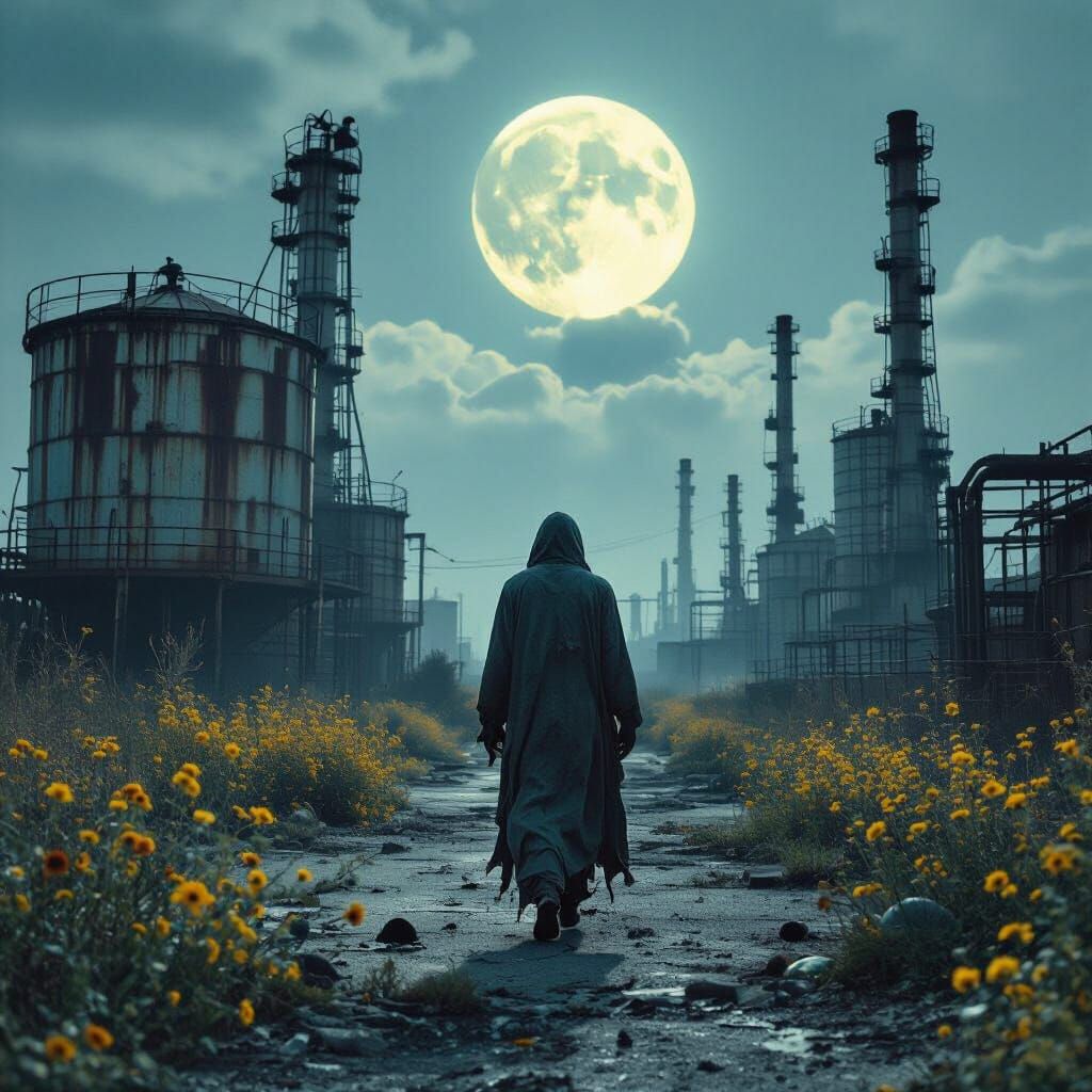 A  figure walks through a desolate, mist-shrouded oil refinery.