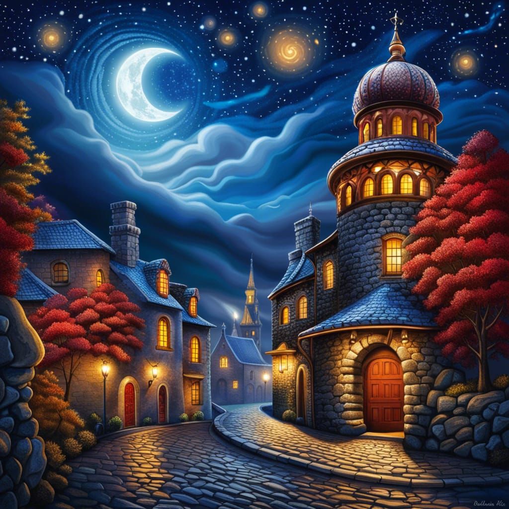 Magical Village Under Crescent Moon in Steampunk Style